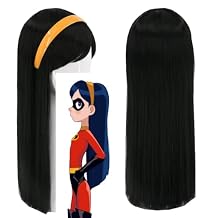 Topcosplay Girls Kids Wigs Black Long Straight Cosplay Halloween Costumes Party Wig with Headband(1849)