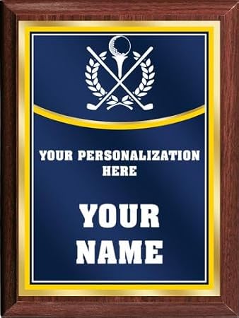Crown Awards Golf Personalized Plaque Award, 6x8 Color Printed Metal Plate with Custom Engraving, Navy Blue with Gold with Gold Plaque On Wood Finish Prime