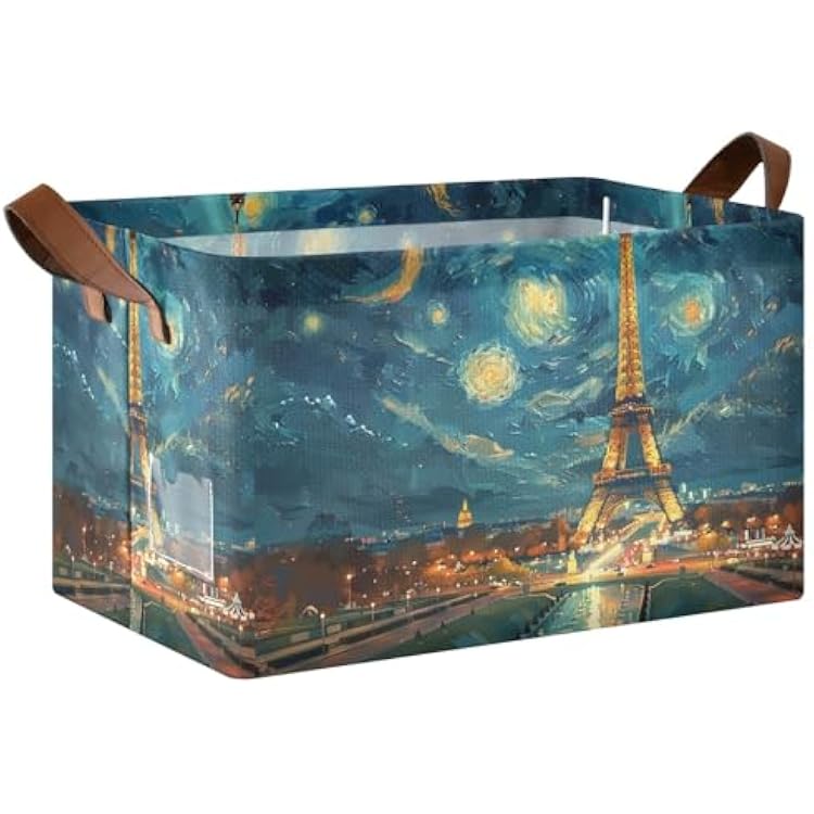 ALAZA Collapsible Storage Bins Storage Basket Cube Storage Bin Eiffel Tower Paris Night Fabric Closet Organizer with Handles