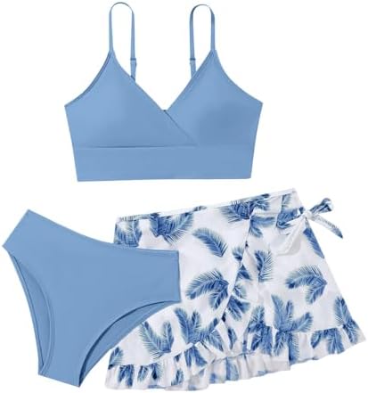 Girls 3 Pieces Bikini Set Tropical Print Swimsuit Bathing Suit with Ruffle Cover up Skirt Summer Beach Holiday Pool Swimwear