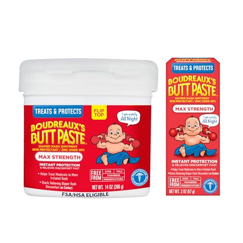Boudreauxs Butt Paste Maximum Strength Diaper Rash Cream, Diaper Cream for Baby, Fast Relief & Overnight Protection for Moderate to More Irritated Rash, Pediatrician-Recommended, 2 oz & 14 oz