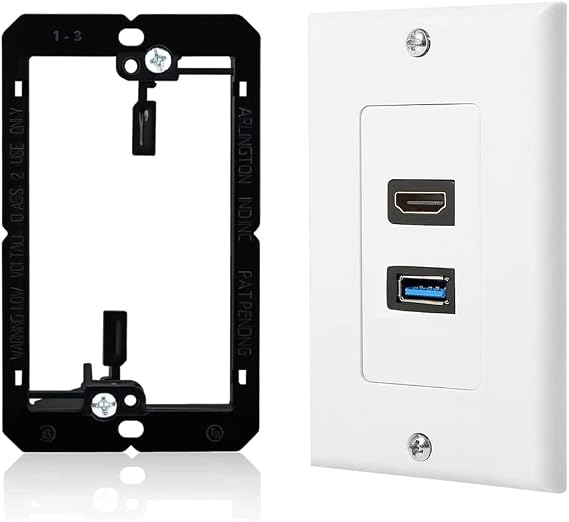HDMI USB Wall Plate with Low Voltage Mounting Bracket,USB 3.0 Charger & HDMI Port Receptacle for High Speed Charging,Wall Face Plate Plug Insert Panel Cable Mount Socket (1-Gang USB+HDMI)