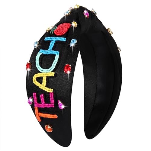 NVENF Teacher Headband for Women Crystal Pearl Knotted Headbands Rhinestone Beaded FRI-YAY Embellished Top Knot Headbands Back To School Teacher Accessories Appreciation Gifts TEACH Black