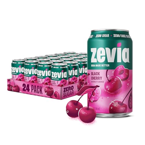 Zevia Zero Sugar Soda, Black Cherry, 12 oz Cans 24-Pack Naturally Sweetened, Non-GMO Project Verified, Gluten-Free, Vegan