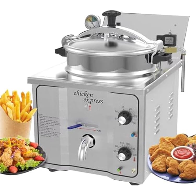 Commercial Deep Fryer and Air Fryer Combo, Electric Pressure Fryer with Adjustable Temperature 50-200C & Timer 0-30 Minutes, Stainless Steel Design for Restaurants Cooking Chicken