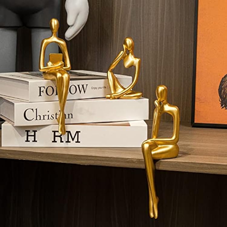 Gold Home Decor Thinker Statue Accents, Set of 3 Thinker Sculptures Office Decor Modern Abstract Resin Decoration on Shelf Table Desk for Living Room Office Bedroom Small Gold