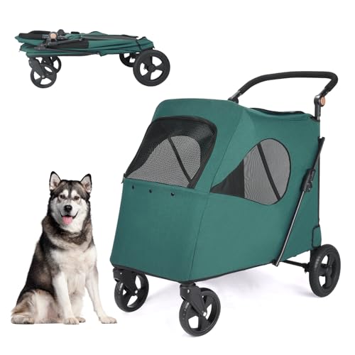 Dog Stroller Pet, Foldable Cart with 4 Wheels, Mesh Skylight Pet Stroller for Small to Large Dogs and Other Pet Travel, Storage Space Pet Can Easily Walk inOut Dark Green