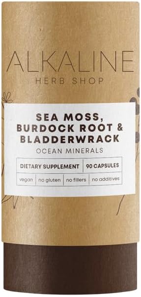 Alkaline Herb Shop Sea Moss, Burdock Root & Bladderwrack Supplement 90 Capsules - Wildcrafted Ocean Minerals with Iodine - Vegan, No Fillers - Thyroid, Skin, Hair & Nail Support