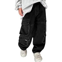 Rolanko Boys Baggy Cargo Jeans, Elastic Waist Wide Leg Y2k Hip Hop Denim Pants Kids Loose Fit Trousers Streetwear