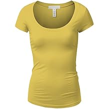 Active Basic Womens Plain Basic Deep Scoop Neck with Cap Short Sleeves - Yellow - Large