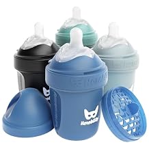 Herobility Anti-Colic Baby Bottles 5 fl oz/140 ml - Pack of 4 Newborn Baby Bottles, Slow Flow Plastic Bottles, Breast-Shaped Teat for Breastfed Babies - Multicolor - Denim, Black, Dusky Green, Gray