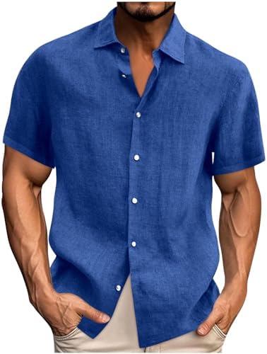 Mens Linen Shirts Button Down Short Sleeve Shirt Casual Solid Spread Collar Summer Beach Vacation Shirts