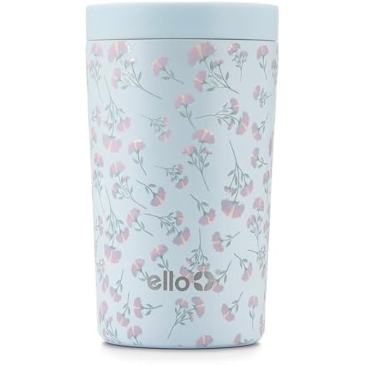 Ello Jones 11oz Insulated Stainless Steel Travel Mug with Leak-Proof Slider Lid, Single Serve Small Coffee Tumbler, Keeps Drinks Hot 3 Hours Cold 8 Hours, BPA-Free, Serene Blooms