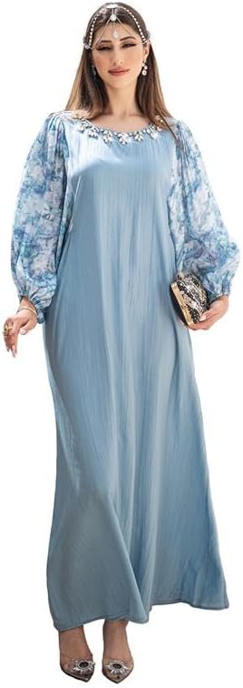 Elegant 1PC Long Sleeve Abaya Dress for Women, Floral Puff Sleeves Round Neckline Long Muslim Dresses for Casual wear
