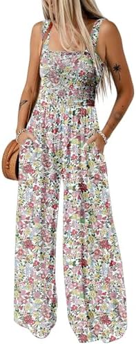 Happy Sailed Overalls for Women Floral Print Sleeveless Jumpsuit One Piece Jumpsuits Wide Leg Long Pant Rompers Boho Casual Summer Outfits Light Pink Small