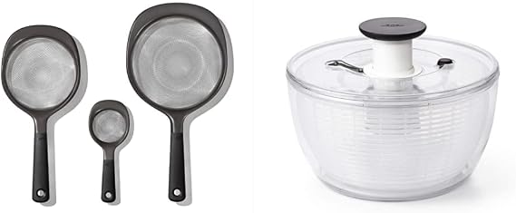 OXO Good Grips 3-Piece Strainer Set, Black & Good Grips Large Salad Spinner - 6.22 Qt, White