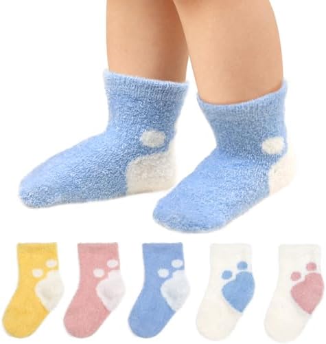 5Packs Coral Fleece Baby Socks for Winter Cozy Fluffy Soft Warm Thermal Plush Socks for Infant Boys Girls Kids