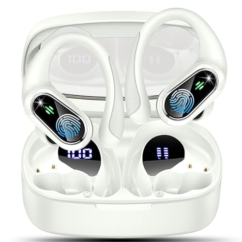 Wireless Earbuds Bluetooth Headphone Sport, 50Hrs Playtime Wireless Headphones with ENC Noise Canceling Mic, Over Ear Buds with Earhook Deep Bass, Digital Display, IP7 Waterproof for Running, White