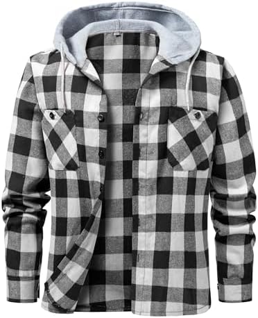 Mens Flannel Shirt Plaid Hoodie Long Sleeve Stylish Hooded Jackets Casual Button Down Shirts with Pocket