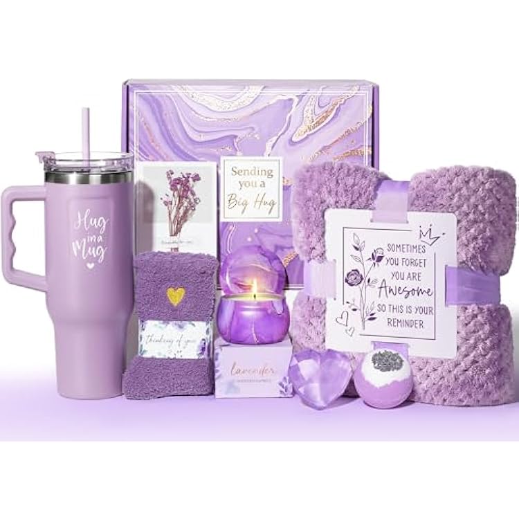 Birthday Gifts for Women Self Care Get Well Soon Gifts, Lavender Relaxing Spa Bath Gift Basket Care Package w Flannel Blanket 40 OZ Tumbler, Mothers Day Gift for Mom Her Wife Girlfriend Grandma