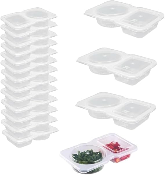 20 Pcs Double Compartment Condiment Container, Double Condiment Containers with Lids Portable,Reusable snack pack containers,2 Compartment Snack Containers, for to-go Sauce, Travel Snack