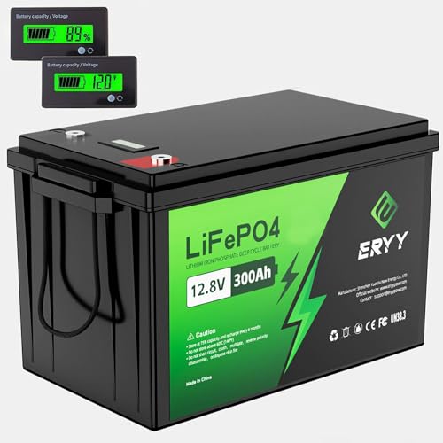 12V 300Ah LiFePO4 Battery with 200A BMS and LCD Voltmeter, Up to 15000 Cycles Rechargeable Lithium Iron Phosphate Battery for RV, Marine, Solar, Trolling Motor