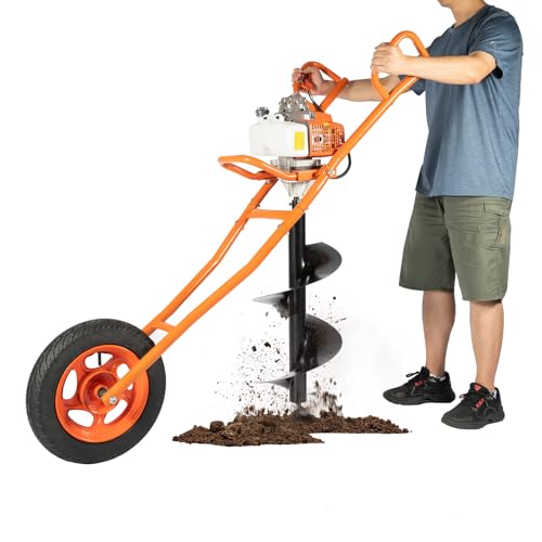 63CC 2 Stroke 3HP Post Hole Digger, Gas Powered Earth Auger Borer Ground Drill Gasoline Earth Auger Wheelbarrow with 11 Bit, for Fence Ground Drill Garden Tree Planting Orange