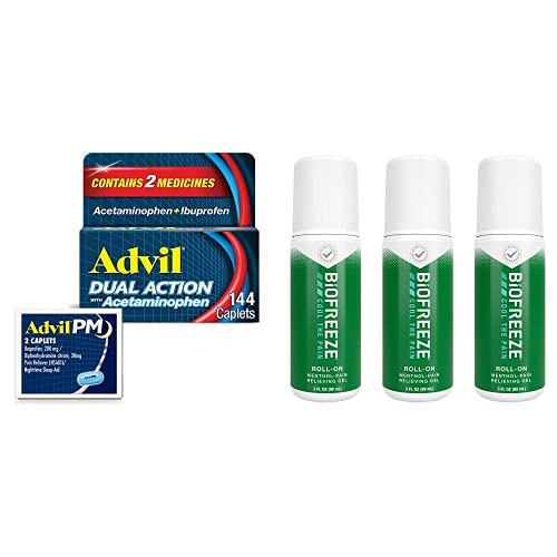 Advil Dual Action with Acetaminophen and Ibuprofen 2 Dose Equivalent for 8 Hour Pain Relief  Biofreeze Roll-On Pain-Relieving Gel Pack of 3
