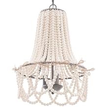Wood Beaded Chandelier 3-Light Bohemia Pendant Light Fixture Farmhouse Round Hanging Chandelier White Beads with Black Chain for Bedroomn Dining Room Foyer