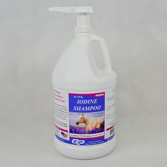 SU-PER Iodine Shampoo for Horses - Deep Cleaning, Non-Staining, Biodegradable - Equine Skin Conditioning Shampoo - 1 Gallon + Pump