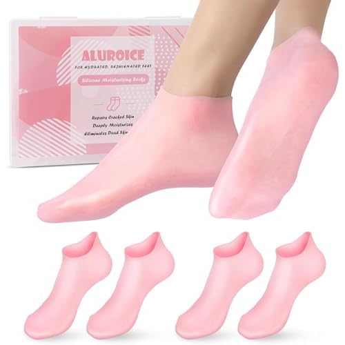 Silicone Moisturizing Socks for Dry Cracked Feet Women, 2 Pairs Soft Gel Pedicure Foot Spa Aloe Socks, Anti-Slip Moisturizer Socks for Dry Cracked Feet Overnight Foot Care