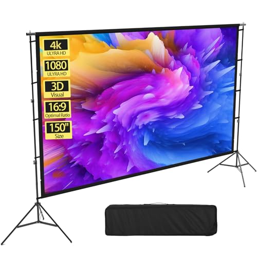 60 Inch Projector Screen and Stand, 16:9 4K HD Rear Front Projector Screen with Wrinkle-Free Portable Design,Indoor Outdoor Projection Screen with Heavy Water Bag & Carry Bag for Backyard Movie Night