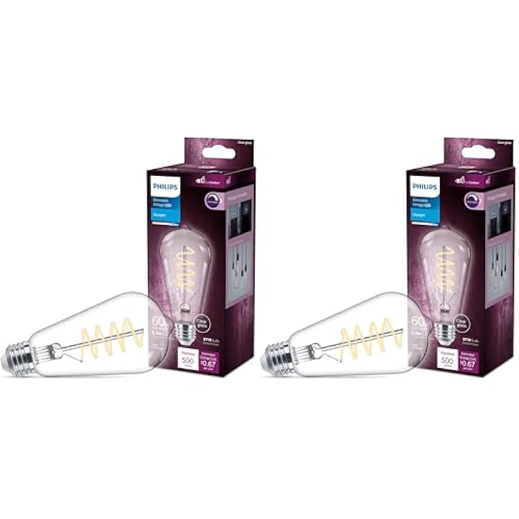 Philips LED Vintage Flicker-Free Clear Spiral ST19, Dimmable, Eyecomfort Technology, 500 Lumen, Daylight5000K, 5.5W:60W, Title 20 Certified, E26 Base, 2-Pack, 565812