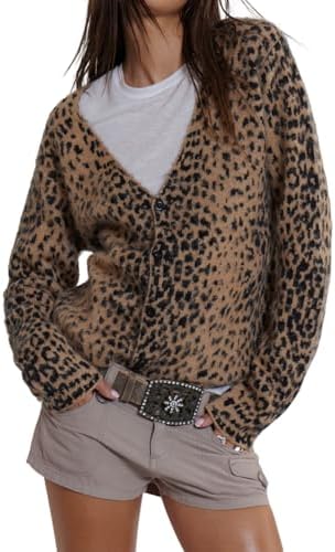 Women Leopard Print Long Sleeve V Neck Button Down Sweater Cardigan Casual Knit Lightweight Fall Winter Outwear Tops
