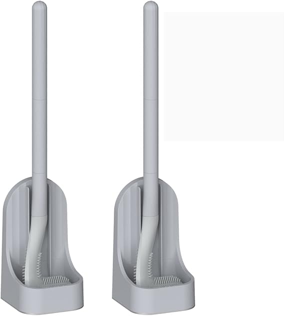 Toilet Brush, Long Handle Golf Toilet Brush with Holder 360 Deep Cleaning Flexible Silicone Toilet Cleaner Brush Wall Mounted for Bathroom (2Pcs Grey)
