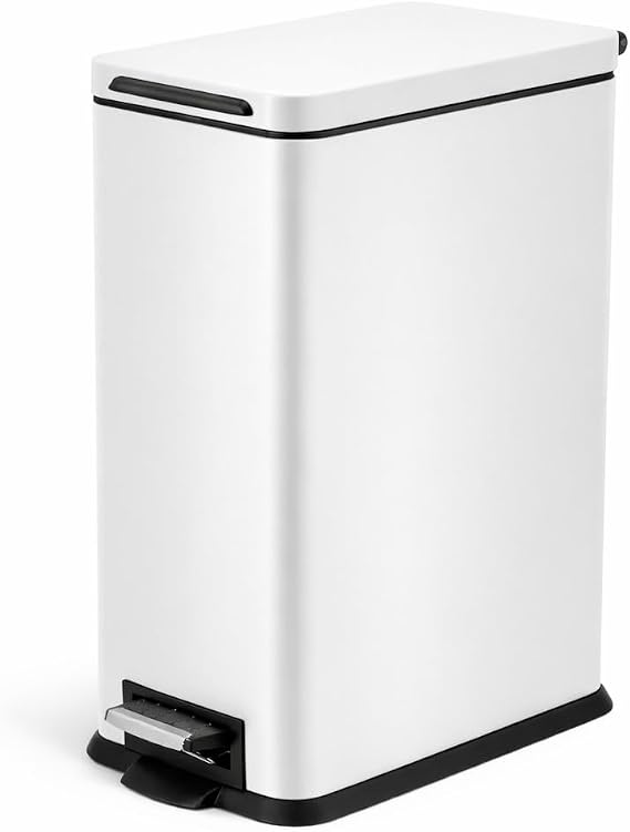 Home Zone Living 4 Gallon Slim Kitchen Trash Can with Soft Close Lid and Step Pedal, Matte White Stainless Steel Wastebasket with Removable Bucket