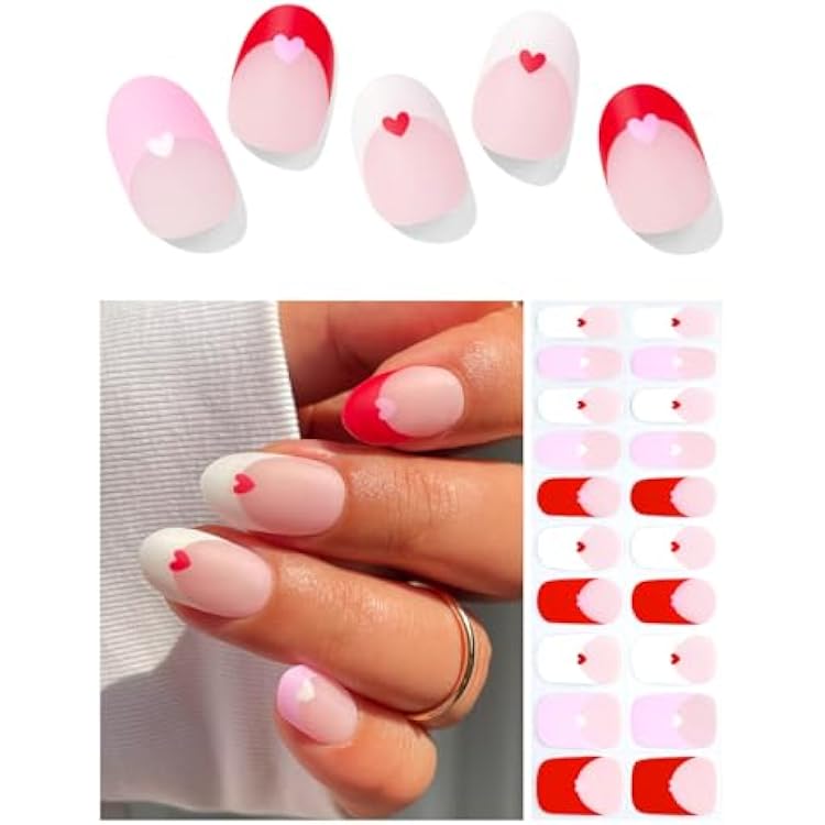 Semi Cured Gel Nail Strips Matte Heart French, Valentines Day French, 20 Pcs Gel Nail Wraps, Stickers, Works with Any UV Lamps