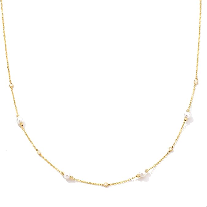 Gelin Dainty Diamond and Pearl Station Necklace for Women in 10K Solid Gold, 18 Inch Chain