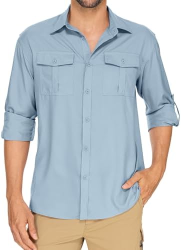 Mens Long Sleeve UV Sun Protection Shirt UPF 50 Quick Dry Cooling,Fishing Shirt for Safari Travel HikingBlue L