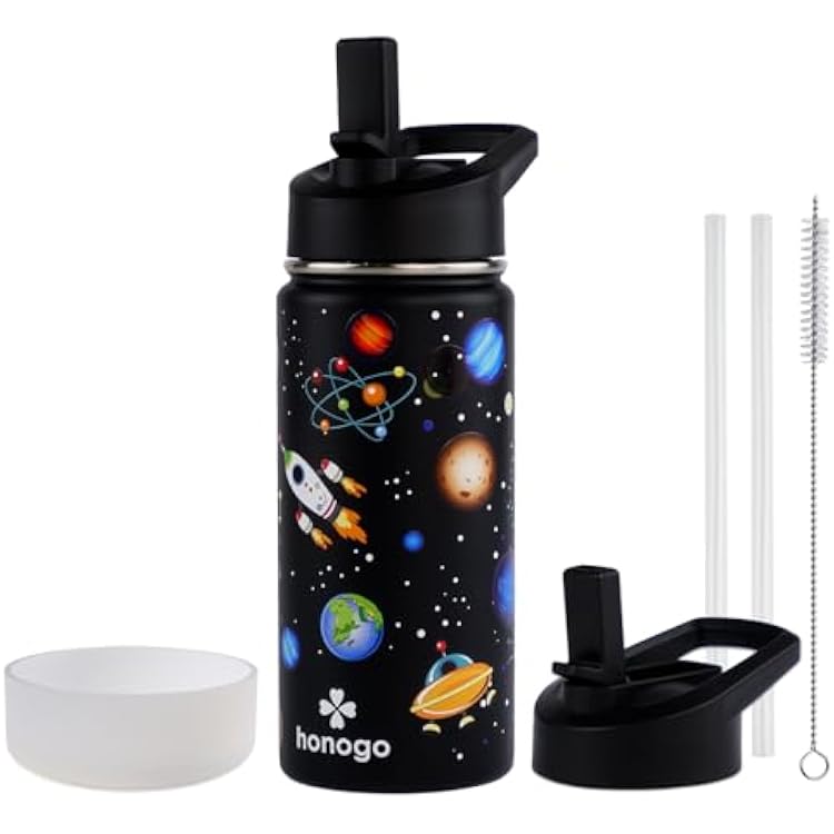 16 oz Stainless Steel Insulated Kids Water Bottle, Leak Proof Metal Thermal Flask with Straw lid, Cute Toddler Tumbler Cup for School Girls & Boys Black, Space
