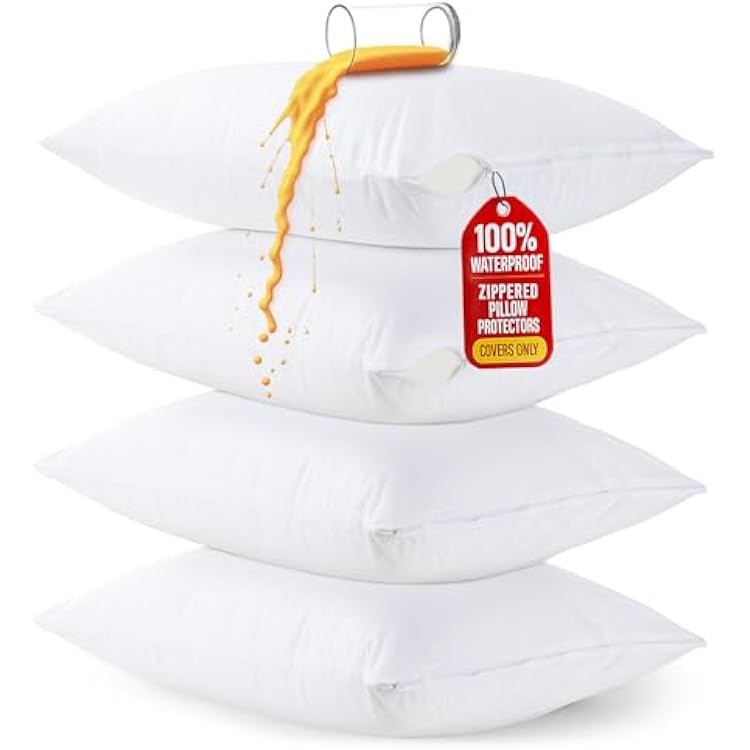 Set of 4 Pillow Protectors with Zipper Queen Size, Bed Bug and Dust Mite Proof Pillow Covers, Ultra Soft Pillow Encasements, Moisture Wicking and Waterproof Pillow Cases by Utopia Bedding White