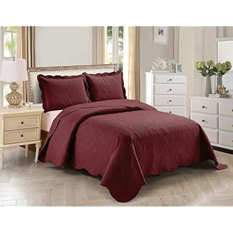 Home Collection 3pc FullQueen Over Size Elegant Embossed Bedspread Set Light Weight Solid Burgundy New# Stacy