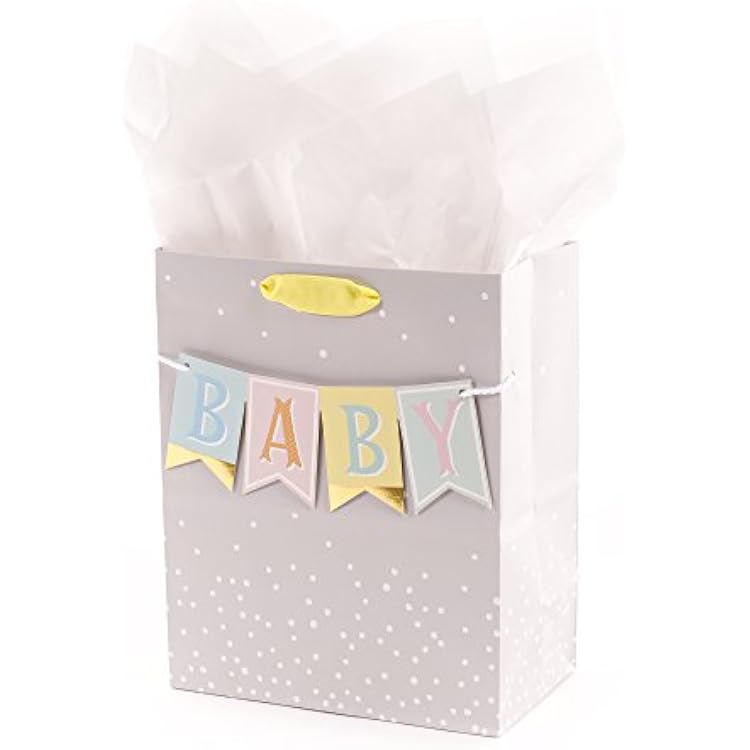 Hallmark 9 Medium Baby Gift Bag with Tissue Paper - Baby Banner in Grey, Pink and Blue for Baby Showers, New Parents, and More