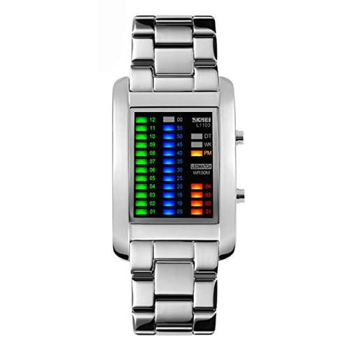MASTOP Mens Digital Watch Binary Time LED Display Waterproof Stainless Steel Stopwatch Sport Army Watches Silver