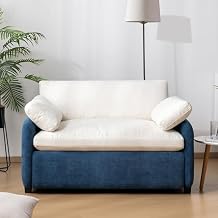 Oversized Sofa Chair with Cream Cushions Deep Seat Accent Chair Modern Chenille Upholstered Armchair Color Blocking Lounge Sofa with Pillows for Living Room Apartment Bedroom, Blue+Cream