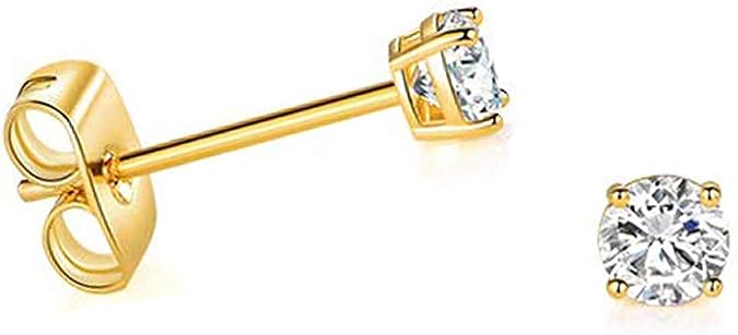 Solid 14K Yellow Gold Round Cubic Zirconia Stud Earrings, Push Backs
