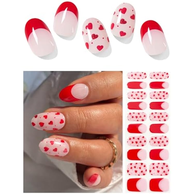 AutyaMee Semi Cured Gel Nail Strips Red Heart N, Valentines Day French, 20 Pcs Gel Nail Wraps, Stickers, Works with Any UV Lamps