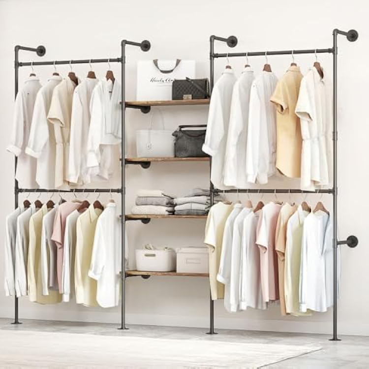Industrial Pipe Clothing Rack, Heavy Duty Adjustable Garment Hanger with Shelves, 2 Installation Methods Closet Storage System for Wardrobe Organization Black, 80 H x 86 W
