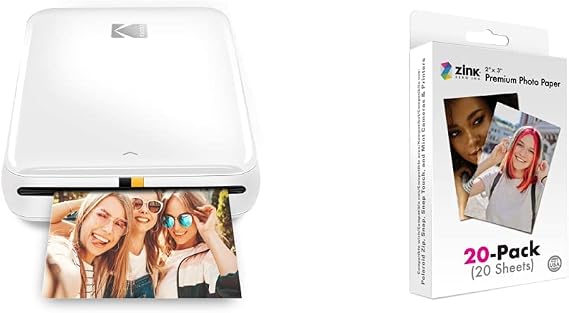 Kodak Step Wireless Mobile Photo Mini Printer (White) Compatible w/iOS & Android, NFC & Bluetooth Devices & 2"x3" Premium Instant Photo Paper (20 Pack)
