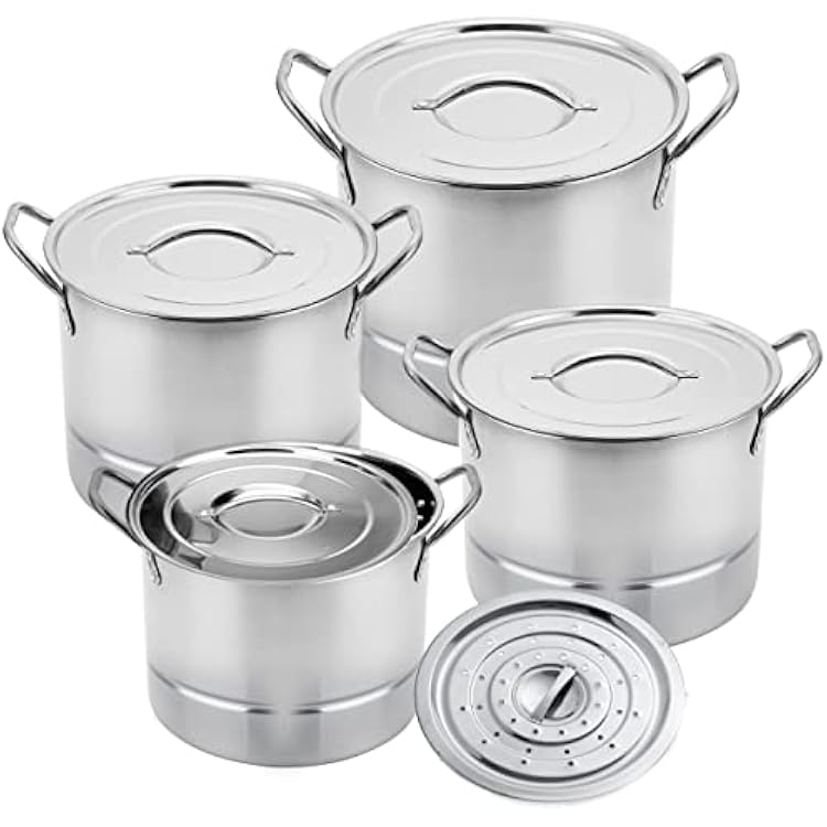 Alpine Cuisine 12-Piece Stainless Steel Stock Pot and Steamer Set Large Cooking Pots with Lids For Soup, Boiling, Canning, Steaming, Tamales 6.59.51216 Quart